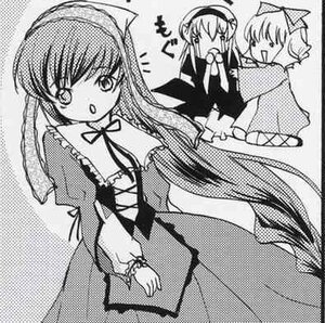 Rating: Safe Score: 0 Tags: 3girls blush bow chain-link_fence dress fishnets food greyscale hairband halftone halftone_background image long_hair long_sleeves looking_at_viewer monochrome multiple multiple_girls open_mouth polka_dot polka_dot_background standing suigintou suiseiseki tagme text_focus User: admin