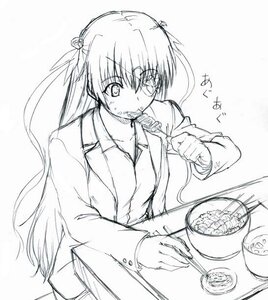 Rating: Safe Score: 0 Tags: 1girl barasuishou blush chopsticks eating food fork greyscale hair_ornament image jacket long_hair long_sleeves monochrome noodles sitting solo two_side_up User: admin