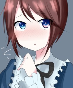 Rating: Safe Score: 0 Tags: 1girl black_ribbon blue_background blue_eyes blush brown_hair eyebrows_visible_through_hair flying_sweatdrops frills image long_sleeves looking_at_viewer open_mouth short_hair simple_background solo souseiseki upper_body User: admin