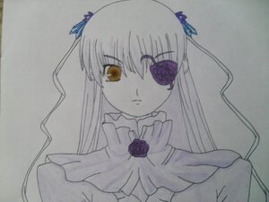 Rating: Safe Score: 0 Tags: 1girl barasuishou dress expressionless eyepatch flower frills frown image long_hair long_sleeves looking_at_viewer purple_rose ribbon rose shinku simple_background solo suigintou traditional_media yellow_eyes User: admin