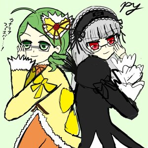 Rating: Safe Score: 0 Tags: 2girls adjusting_eyewear ahoge bespectacled drill_hair glasses green_background green_eyes green_hair hairband image kanaria long_hair long_sleeves multiple_girls pair red_eyes smile suigintou User: admin