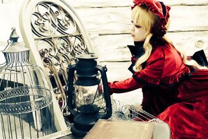 Rating: Safe Score: 0 Tags: 1girl blonde_hair blue_eyes bonnet dress lolita_fashion long_hair long_sleeves pipe rose shinku sitting solo User: admin
