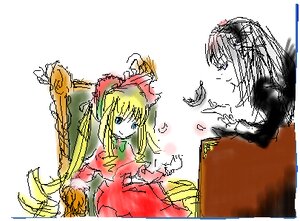 Rating: Safe Score: 0 Tags: 1girl animal bird blonde_hair blue_eyes bow dress frills image long_hair long_sleeves pair red_dress shinku sitting solo suigintou User: admin