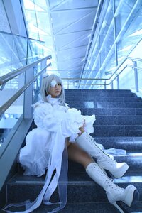 Rating: Safe Score: 0 Tags: 1girl blindfold boots cape dress high_heels kirakishou knee_boots lips pantyhose sitting solo white_dress white_footwear white_hair User: admin