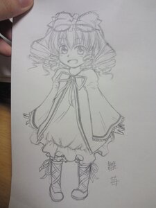 Rating: Safe Score: 0 Tags: 1girl :d blush bow dress drill_hair full_body graphite_(medium) greyscale hair_bow hinaichigo image long_sleeves looking_at_viewer monochrome open_mouth photo sketch smile solo standing traditional_media User: admin