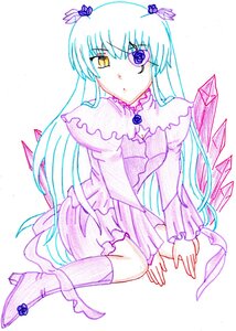 Rating: Safe Score: 0 Tags: 1girl bangs barasuishou boots dress frills full_body hair_ornament high_heel_boots high_heels image kneehighs long_hair long_sleeves simple_background sitting solo striped traditional_media yellow_eyes User: admin