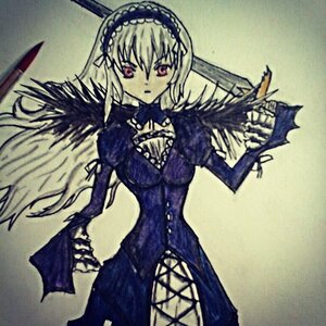 Rating: Safe Score: 0 Tags: 1girl black_wings cowboy_shot cross-laced_clothes detached_collar dress frills hairband image juliet_sleeves lolita_hairband long_hair long_sleeves looking_at_viewer puffy_sleeves rose simple_background solo standing suigintou traditional_media wings User: admin
