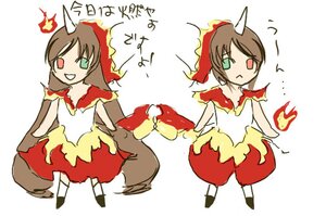 Rating: Safe Score: 0 Tags: 1girl brown_hair costume dress fire green_eyes heterochromia image pair simple_background souseiseki standing suiseiseki white_background User: admin