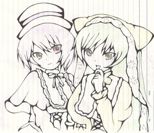 Rating: Safe Score: 0 Tags: 2girls antennae blush image long_hair long_sleeves monochrome multiple_girls pair short_hair smile souseiseki suiseiseki tongue tongue_out User: admin