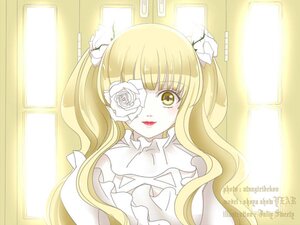 Rating: Safe Score: 0 Tags: 1girl bangs blonde_hair eyepatch flower frills hair_flower hair_ornament image kirakishou lips long_hair looking_at_viewer rose solo striped twintails upper_body white_flower white_rose window yellow_eyes User: admin