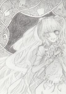 Rating: Safe Score: 0 Tags: 1girl frills hair_ornament hairband image kirakishou komeiji_satori long_hair long_sleeves looking_at_viewer monochrome smile solo traditional_media wide_sleeves User: admin