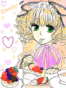 Rating: Safe Score: 0 Tags: 1girl blonde_hair cake cherry curly_hair drill_hair food fruit grapes green_eyes heart hina_ichigo hinaichigo image pastry solo strawberry twin_drills User: admin