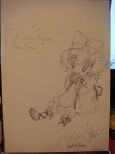 Rating: Safe Score: 0 Tags: 1girl bow dated dress eating food hair_bow hinaichigo image long_sleeves looking_at_viewer marker_(medium) monochrome photo shikishi short_hair signature solo traditional_media User: admin