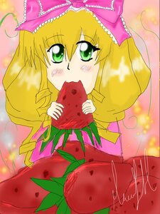 Rating: Safe Score: 0 Tags: 1girl blonde_hair blush bow eating food fruit green_eyes hair_bow hina_ichigo hinaichigo holding holding_food holding_fruit image pink_bow solo watermelon User: admin