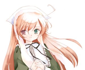 Rating: Safe Score: 0 Tags: 1girl black_ribbon dress green_dress green_eyes head_scarf image long_hair long_sleeves looking_at_viewer simple_background smile solo striped suiseiseki upper_body vertical_stripes very_long_hair white_background User: admin