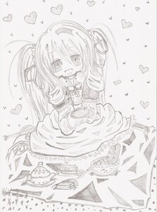 Rating: Safe Score: 0 Tags: 1girl :d dress food heart image long_hair monochrome musical_note open_mouth shinku sitting smile solo User: admin