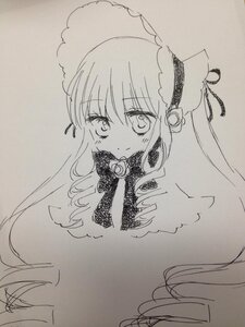 Rating: Safe Score: 0 Tags: 1girl bangs blush closed_mouth eyebrows_visible_through_hair greyscale hair_between_eyes headphones image long_hair looking_at_viewer monochrome photo ribbon shinku smile solo traditional_media User: admin