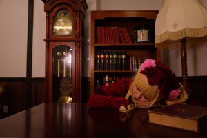 Rating: Safe Score: 0 Tags: 1girl blonde_hair bonnet book bookshelf bow closed_eyes curtains dress indoors lamp shinku sleeping solo User: admin