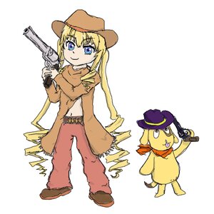 Rating: Safe Score: 0 Tags: 1girl belt blonde_hair blue_eyes cowboy_hat dual_wielding gun handgun hat holding holding_gun holding_weapon holster image long_hair parody pistol revolver scarf shinku smile solo weapon western User: admin