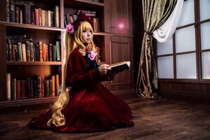 Rating: Safe Score: 0 Tags: 1girl blonde_hair blue_eyes book bookshelf curtains dress flower indoors long_hair red_dress rose shinku sitting solo window User: admin