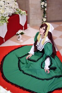 Rating: Safe Score: 0 Tags: 1girl argyle brown_eyes brown_hair checkered checkered_background checkered_floor dress flower frills green_dress long_hair long_sleeves plant sitting solo suiseiseki tile_floor tiles white_flower User: admin