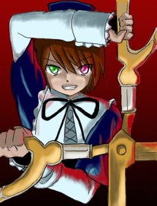 Rating: Safe Score: 0 Tags: 1girl brown_hair dress green_eyes grin hat heterochromia holding image long_sleeves red_background short_hair simple_background smile solo souseiseki upper_body User: admin