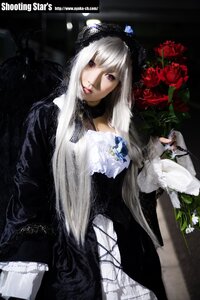 Rating: Safe Score: 0 Tags: 1girl black_dress dress flower frills gothic_lolita lace lips lolita_fashion long_hair purple_eyes rose solo suigintou User: admin