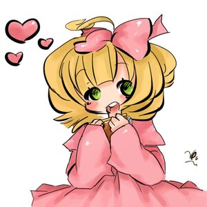 Rating: Safe Score: 0 Tags: 1girl ahoge blonde_hair blush bow food green_eyes hair_bow heart hina_ichigo hinaichigo image long_sleeves pink_bow short_hair simple_background solo striped User: admin