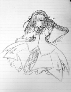 Rating: Safe Score: 0 Tags: 1girl blush dress full_body greyscale hairband image long_sleeves looking_at_viewer monochrome rain ribbon solo standing suigintou wide_sleeves User: admin