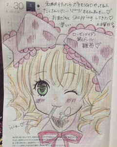 Rating: Safe Score: 0 Tags: 1girl blonde_hair blush colored_pencil_(medium) drill_hair eating eyebrows_visible_through_hair food green_eyes heart hina_ichigo hinaichigo image one_eye_closed photo shikishi smile solo strawberry traditional_media User: admin