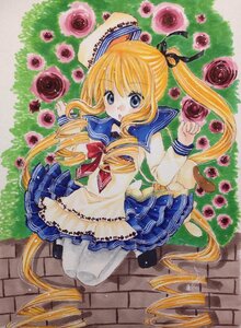 Rating: Safe Score: 0 Tags: 1girl blonde_hair blue_eyes blue_skirt flower hair_ribbon image long_hair marker_(medium) pink_rose plaid plaid_skirt red_flower red_rose ribbon rose school_uniform shinku skirt solo traditional_media twintails very_long_hair User: admin