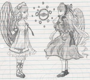 Rating: Safe Score: 0 Tags: 2girls boots dress hinaichigo image long_hair long_sleeves looking_at_viewer looking_back multiple_girls pair profile shinku siblings standing wings User: admin
