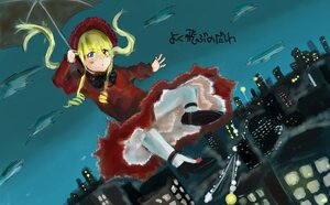 Rating: Safe Score: 0 Tags: 1girl blonde_hair blue_eyes boat bonnet city dress falling flying image long_hair long_sleeves military_vehicle red_dress shinku ship solo twintails umbrella water watercraft User: admin