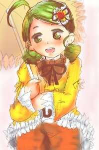 Rating: Safe Score: 0 Tags: 1girl ahoge blush dress drill_hair flower green_eyes green_hair image kanaria long_sleeves looking_at_viewer open_mouth ribbon smile solo User: admin