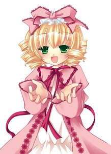 Rating: Safe Score: 0 Tags: 1girl :d blonde_hair blush bow cowboy_shot dress drill_hair green_eyes hina_ichigo hinaichigo image long_sleeves looking_at_viewer open_mouth pink_bow pink_dress simple_background smile solo twin_drills white_background User: admin