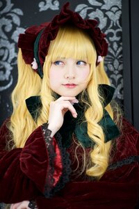 Rating: Safe Score: 0 Tags: 1girl bangs blonde_hair blue_eyes blunt_bangs blurry bonnet dress eyelashes flower lace lips long_hair looking_at_viewer red_dress rose shinku solo User: admin