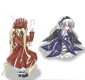 Rating: Safe Score: 0 Tags: 2girls black_wings blush dress frills full_body hairband hand_to_own_mouth image long_hair long_sleeves multiple_girls pair shinku shoes silver_hair simple_background suigintou very_long_hair white_background wings User: admin