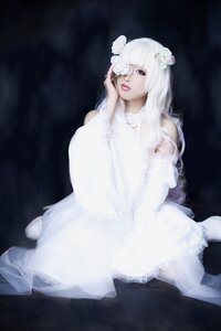 Rating: Safe Score: 0 Tags: 1girl bare_shoulders dress flower hair_flower hair_ornament kirakishou lips long_hair looking_at_viewer sitting solo white_dress white_hair User: admin
