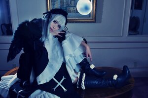 Rating: Safe Score: 0 Tags: 1girl feathers flower high_heels indoors long_hair long_sleeves looking_at_viewer sitting solo suigintou window wings User: admin
