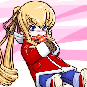Rating: Safe Score: 0 Tags: 1girl blonde_hair blue_eyes blush drill_hair eating food gloves hair_ribbon image long_hair ponytail ribbon scarf shinku sitting solo striped User: admin