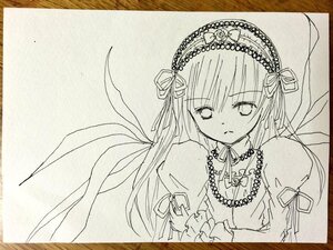 Rating: Safe Score: 0 Tags: 1girl auto_tagged dress eyebrows_visible_through_hair frills frown hair_ribbon hairband image juliet_sleeves lolita_hairband long_hair long_sleeves looking_at_viewer monochrome photo pout puffy_sleeves ribbon shikishi simple_background solo suigintou traditional_media upper_body wings User: admin