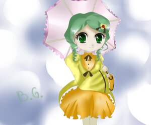 Rating: Safe Score: 0 Tags: 1girl auto_tagged blush bow dress frills green_eyes green_hair holding holding_umbrella image kanaria long_sleeves looking_at_viewer parasol rain raincoat red_umbrella shared_umbrella smile solo umbrella yellow_dress User: admin