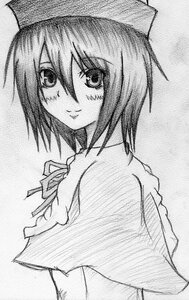 Rating: Safe Score: 0 Tags: 1girl auto_tagged blush eyebrows_visible_through_hair graphite_(medium) greyscale hair_between_eyes hand_on_own_chest hat image looking_at_viewer looking_back monochrome neck_ribbon ribbon short_hair smile solo souseiseki traditional_media upper_body User: admin