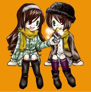 Rating: Safe Score: 0 Tags: 2girls black_footwear boots brown_hair coat eating food food_on_face green_eyes heterochromia image knee_boots long_hair long_sleeves multiple_girls orange_background pair red_eyes scarf short_hair siblings simple_background sisters souseiseki suiseiseki twins User: admin
