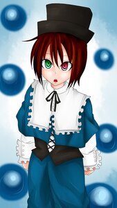 Rating: Safe Score: 0 Tags: 1girl :o blue_dress blurry brown_hair capelet cowboy_shot depth_of_field dress frills green_eyes hat heterochromia image long_sleeves looking_at_viewer open_mouth red_eyes short_hair solo souseiseki standing User: admin
