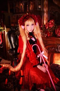 Rating: Safe Score: 0 Tags: 1girl blonde_hair blue_eyes bookshelf chair dress flower gothic_lolita lolita_fashion long_hair looking_at_viewer red_dress rose shinku sitting solo twintails User: admin