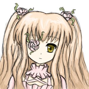 Rating: Safe Score: 0 Tags: 1girl blonde_hair flower image kirakishou leaf long_hair looking_at_viewer pink_rose rose simple_background smile solo vines white_background yellow_eyes User: admin