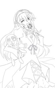 Rating: Safe Score: 0 Tags: 1girl candy dress food greyscale hairband image lineart lollipop long_hair megurine_luka monochrome one_eye_closed ribbon solo stuffed_animal suigintou swirl_lollipop very_long_hair User: admin