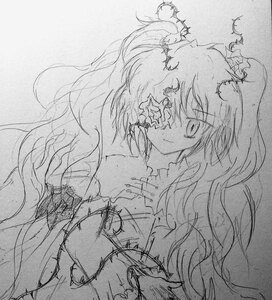 Rating: Safe Score: 0 Tags: 1girl dress greyscale image kirakishou long_hair looking_at_viewer monochrome sketch smile solo User: admin
