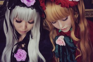 Rating: Safe Score: 0 Tags: 2girls blonde_hair closed_eyes flower lips long_hair multiple_cosplay multiple_girls rose shinku silver_hair tagme tongue User: admin